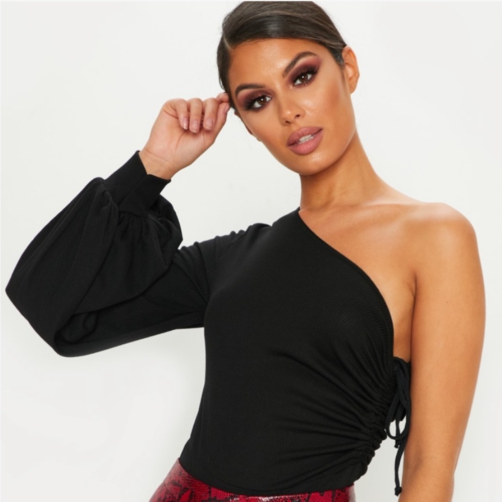 Black One Shoulder Ruched Rib Bodysuit